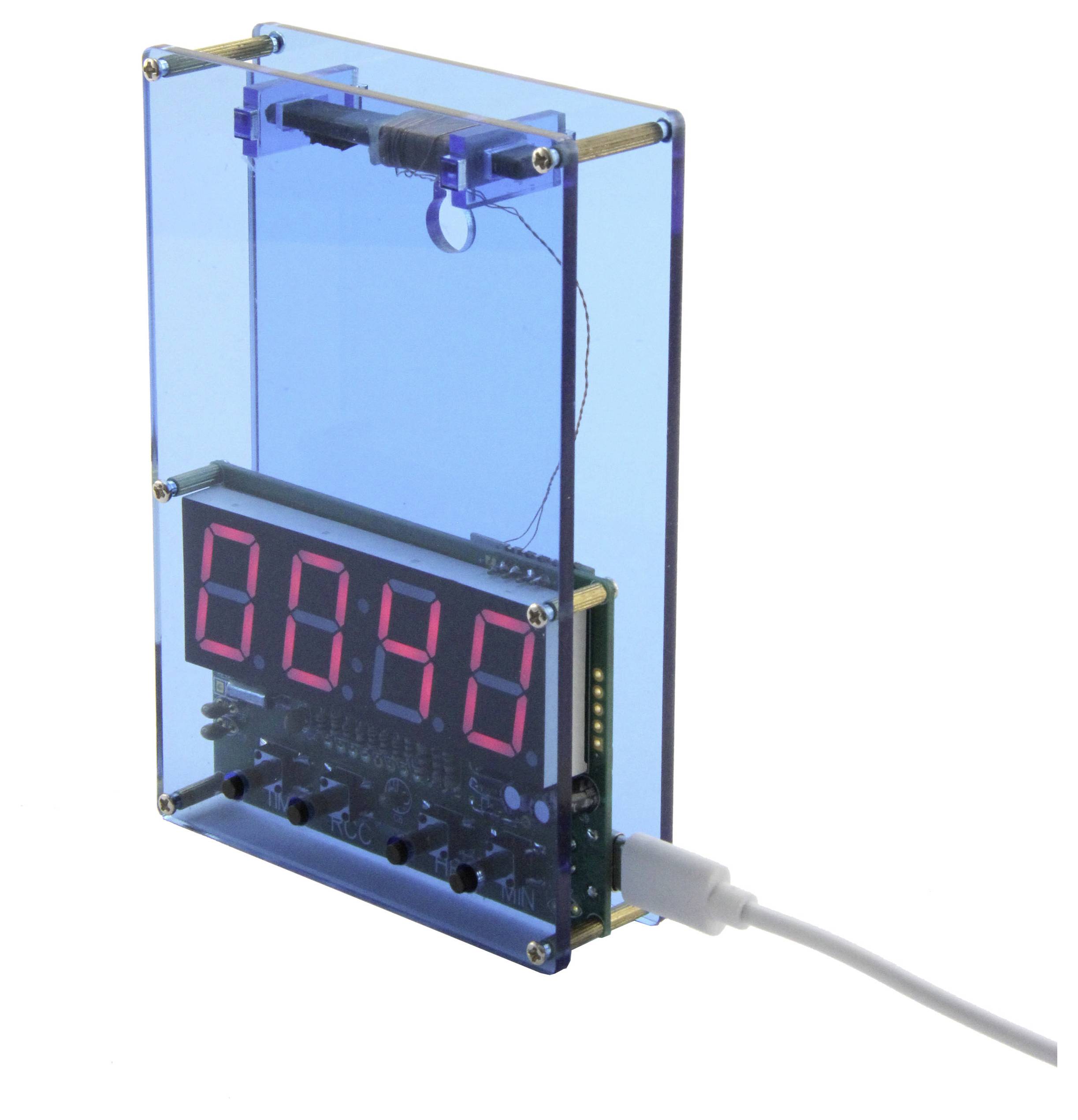 Ein digitaler Timer mit roter LED-Anzeige zeigt die Zahl '00:48'. Das Gerät ist transparent und blau, mit einem angeschlossenen Kabel.