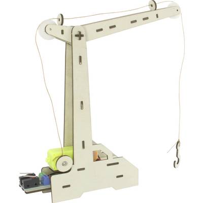 Ein einfacher, aus Sperrholz gefertigter Modellkran mit Haken, angetrieben von einem kleinen Elektromotor, zeigt Grundfunktionen von Kränen.