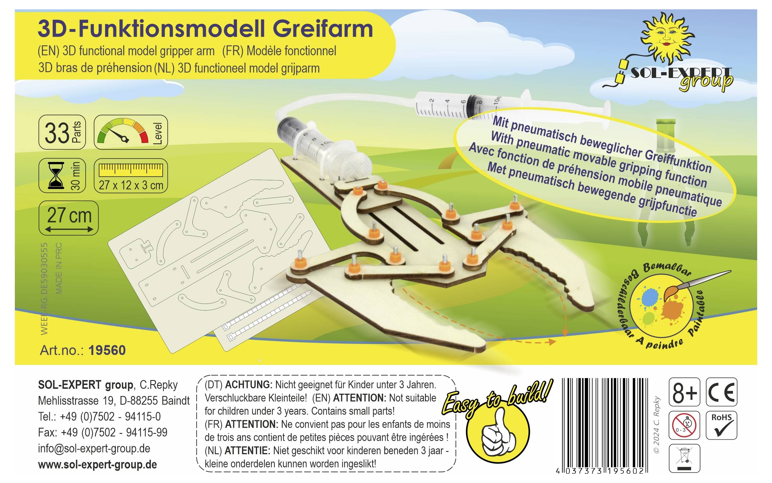 '3D-Funktionsmodell Greifarm' Verpackung mit Bild des Modells. Enthält Warnhinweise für Kinder und Informationen zu Funktionen.