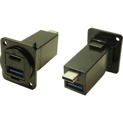 Zwei schwarze USB-C-auf-USB-A-Adapter mit rechteckigem Gehäuse, einer mit runder Befestigung, darstellen Technologiekomponenten.