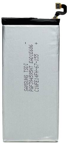 Eine rechteckige Lithium-Ionen-Batterie mit einem Flexkabel an der Oberseite, beschriftet mit 'Samsung SDI' und weiteren technischen Spezifikationen auf ihrer Oberfläche.
