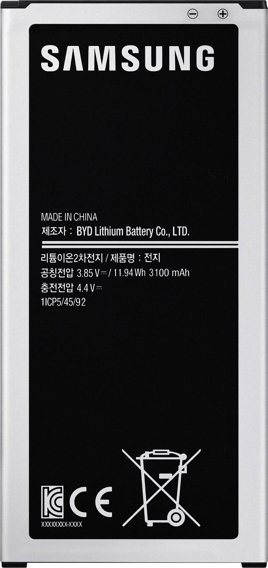 Samsung-Akku, 3100 mAh, 3,85V/11,94Wh, hergestellt von BYD Lithium Battery Co., LTD in China. Symbole zeigen Entsorgungshinweise.