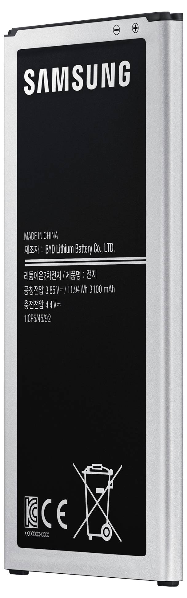 Eine Samsung Lithium-Ionen-Batterie mit Spezifikationen einschließlich 3,8 V, 11,78 Wh und 3100 mAh Kapazität, ausgestattet mit Sicherheits- und Recycling-Symbolen.