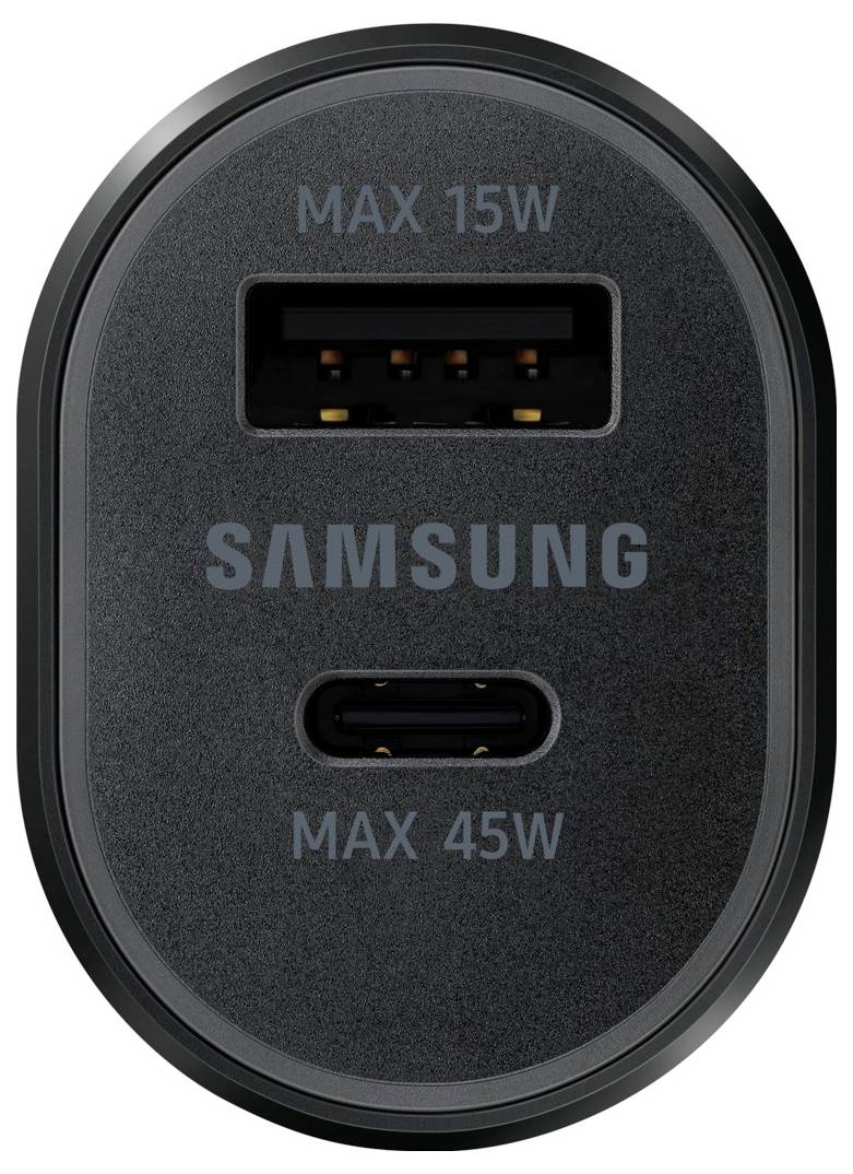 Samsung Ladegerät mit zwei Anschlüssen: ein USB-A-Anschluss mit der Beschriftung "MAX 15W" und ein USB-C-Anschluss mit der Beschriftung "MAX 45W".