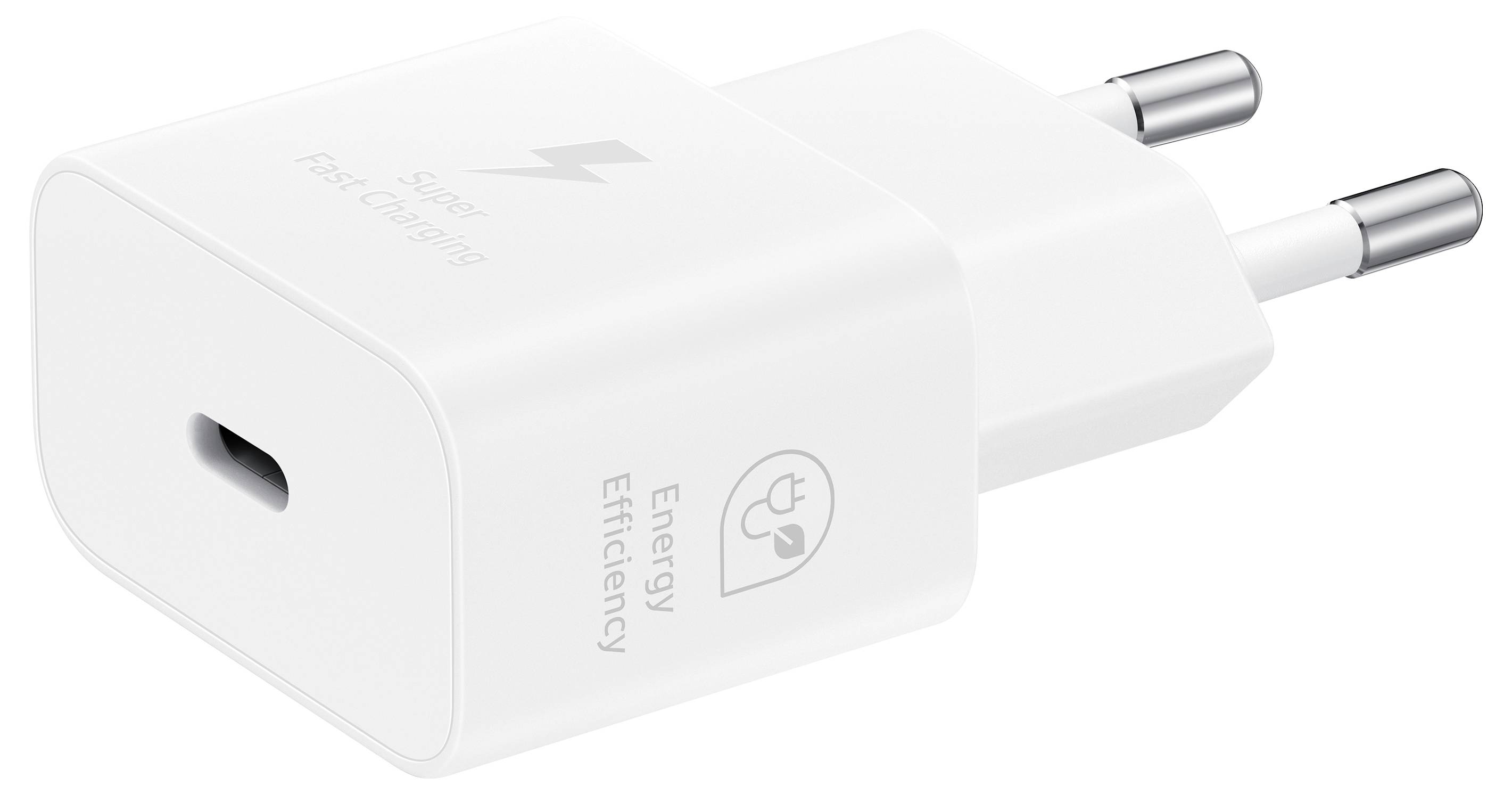 Ein weißer Ladegerät-Adapter mit zwei Stiften, versehen mit dem Text ‚Super Fast Charging' und dem Energieeffizienz-Symbol.