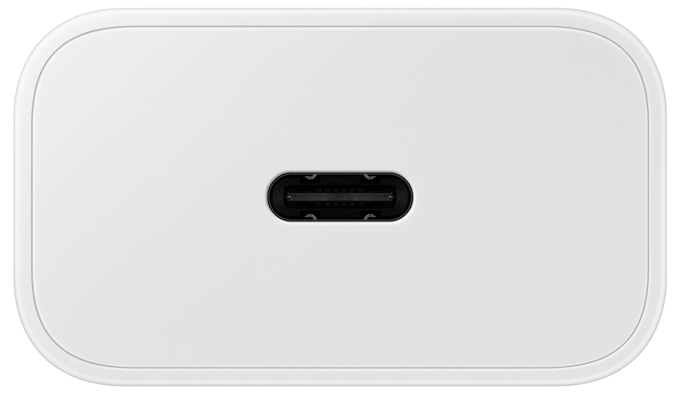 Ein weißer rechteckiger Ladegerät mit einem zentralen USB-C-Anschluss.