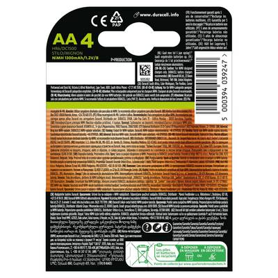 Verpackung von „Duracell" AA-Wiederaufladbaren Batterien mit 1300mAh. Schwarze und orange Farben mit Produktdetails und Recyclinginformationen.