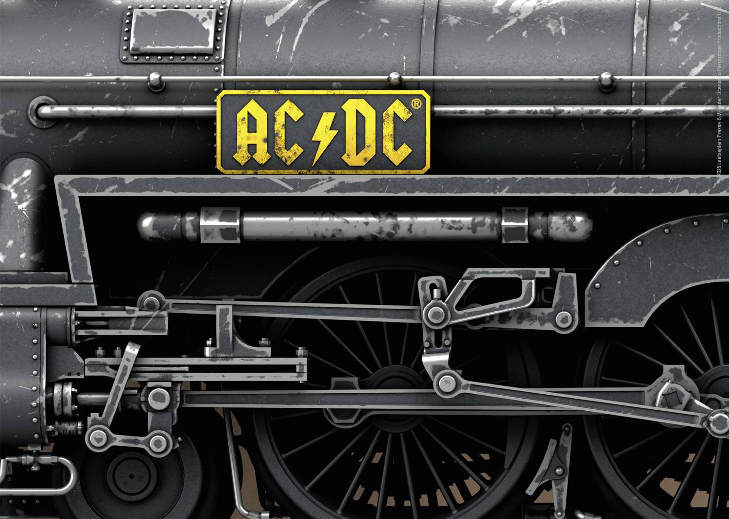 Schwarz-weiße Dampflokomotive mit hohem Detailgrad, gelbes AC/DC-Logo auf der Seite, betont die industrielle Ästhetik.