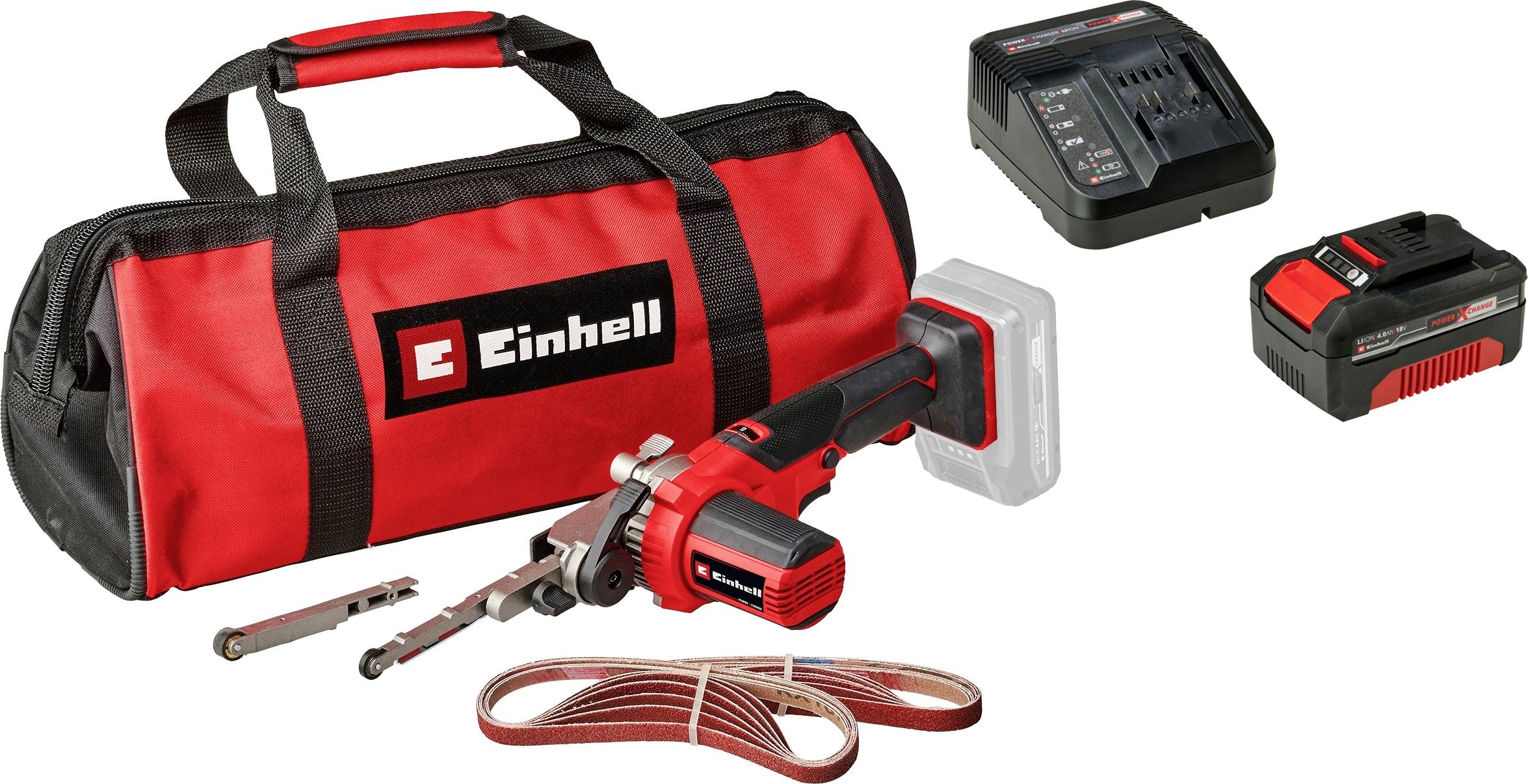 Set bestehend aus Einhell Akku-Bandfeile TE-BF 18 Li-Solo Akku-Bandfeile und Einhell Power X-Change Start-Kit 18V 4Ah
