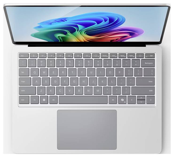 Ein silberner Laptop mit einem bunten abstrakten Design auf dem Bildschirm, von oben betrachtet, mit vollständiger Tastatur und Touchpad.