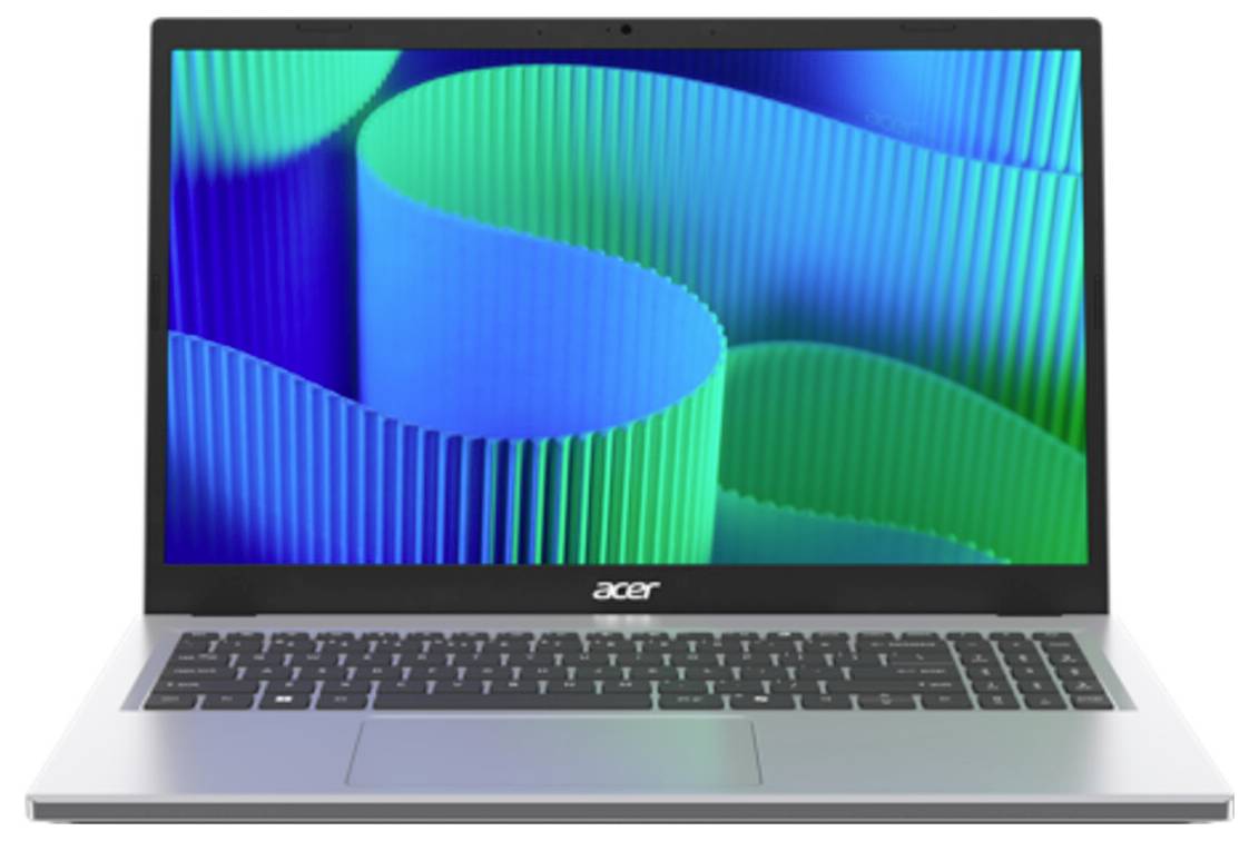 Ein silberner Laptop mit einer schwarzen Tastatur und einem Bildschirm, der ein blaues und grünes gewelltes abstraktes Muster zeigt.