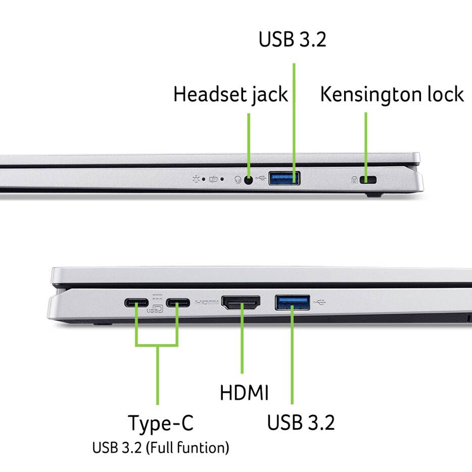 Seitenansicht eines Laptops mit Anschlüssen: Oberes Bild beschriftet USB 3.2, Kopfhörerbuchse, Kensington-Schloss; unteres Bild beschriftet USB 3.2, Type-C (Vollausstattung), HDMI.