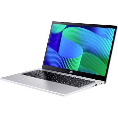 Ein silberner Laptop mit einer schwarzen Tastatur und einem leuchtenden Bildschirm, der abstrakte grüne und blaue Muster auf einem Verlaufshintergrund in Blau zeigt.