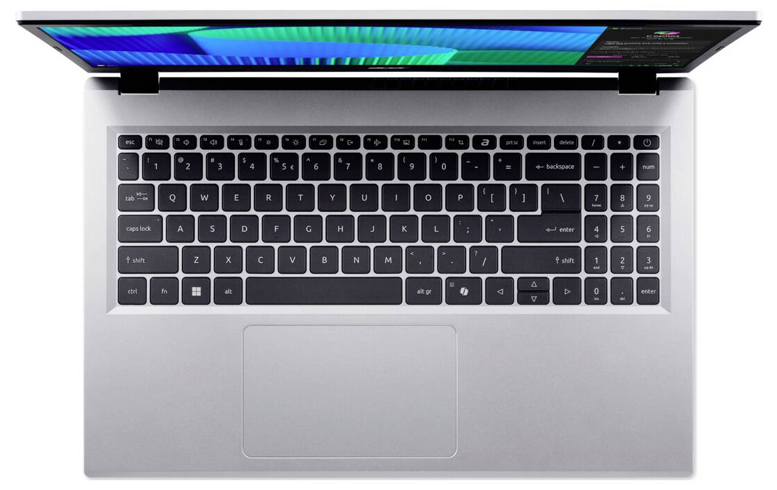 Ein silberner Laptop, von oben betrachtet, leicht geöffnet. Auf dem Bildschirm ist eine farbenfrohe Desktop-Oberfläche zu sehen. Das Tastaturlayout ist gut erkennbar.