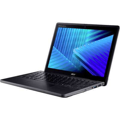 Acer-Laptop mit schwarzer Tastatur, auf dessen Bildschirm ein blaues geometrisches Muster zu sehen ist.