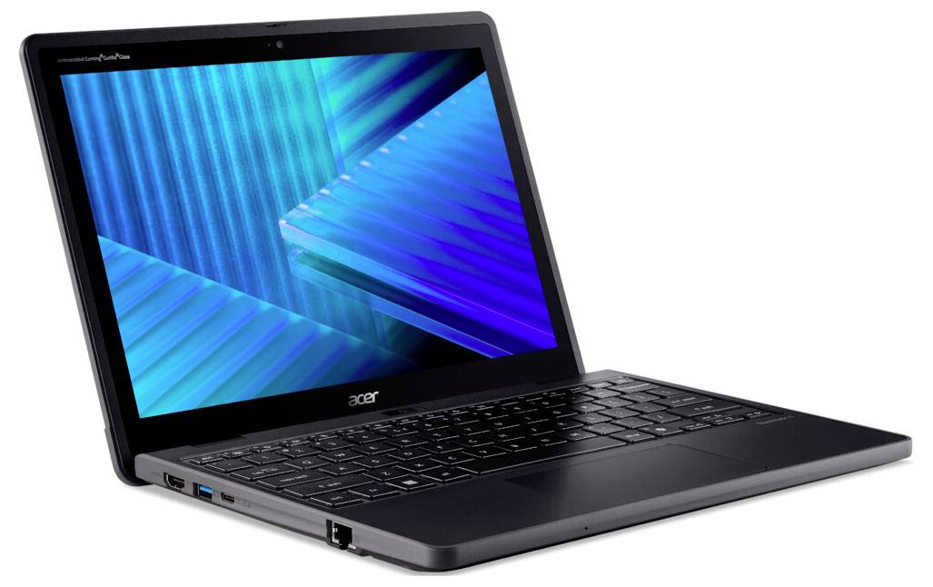 Ein schlanker schwarzer Laptop mit einer blauen gemusterten digitalen Tapete auf dem Bildschirm, ausgestattet mit einer kompakten Tastatur und einer reflektierenden Oberfläche.
