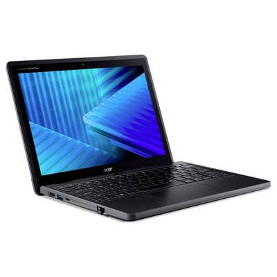 Ein schlanker schwarzer Laptop mit einer blauen gemusterten digitalen Tapete auf dem Bildschirm, ausgestattet mit einer kompakten Tastatur und einer reflektierenden Oberfläche.
