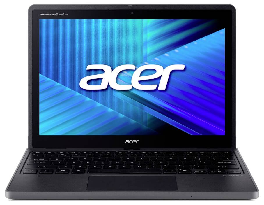 Ein Laptop mit einer schwarzen Tastatur und einem Bildschirm, der das Acer-Logo vor einem blau-grünen abstrakten Hintergrund zeigt.