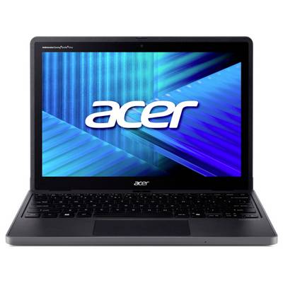 Ein Laptop mit einer schwarzen Tastatur und einem Bildschirm, der das Acer-Logo vor einem blau-grünen abstrakten Hintergrund zeigt.