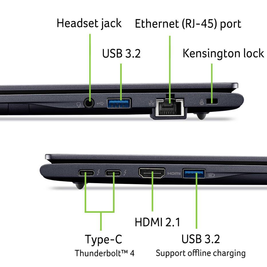 Seitenansicht eines Laptops mit verschiedenen Anschlüssen: Kopfhörerbuchse, USB 3.2, Ethernet, Kensington-Schloss, Type-C Thunderbolt 4, HDMI 2.1, USB 3.2.