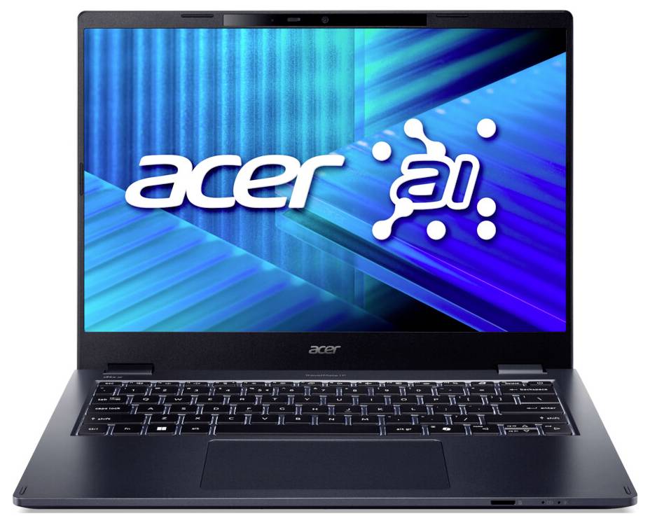 Acer-Laptop, das einen Bildschirm mit den Wörtern 'acer' und 'AI' auf einem blau-grünen digitalen Hintergrund zeigt. Das Gerät verfügt über eine schwarze Tastatur.