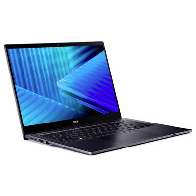 Ein silberner Laptop mit einer schwarzen Tastatur steht geöffnet und zeigt ein blaues abstraktes Design auf seinem Bildschirm. Das Acer-Logo ist unterhalb des Bildschirms sichtbar.