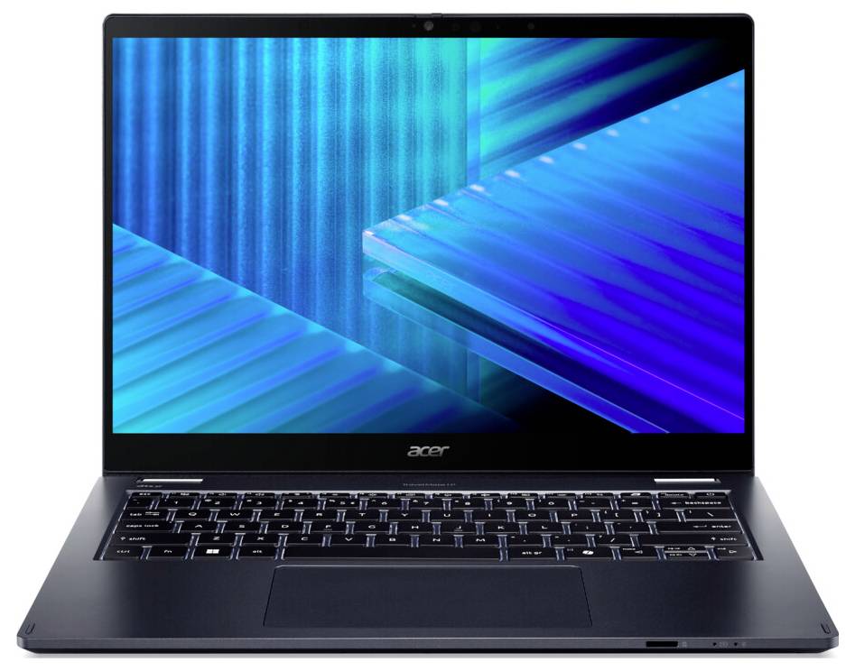 Ein schlankes, modernes Laptop mit einem blauen geometrischen Design auf dem Bildschirm und einer Hintergrundbeleuchtung der Tastatur, geeignet für berufliche oder persönliche Zwecke.