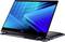 Ein Convertible-Laptop im Zeltmodus zeigt blaue geometrische Muster auf dem Bildschirm und veranschaulicht damit sein flexibles Design und seine moderne Technologie.