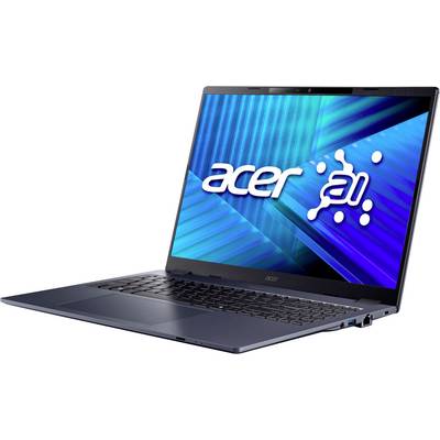 Ein blauer Acer-Laptop geöffnet mit einem Bildschirm, auf dem der Text 'acer ai' vor einem blauen abstrakten Hintergrund angezeigt wird.