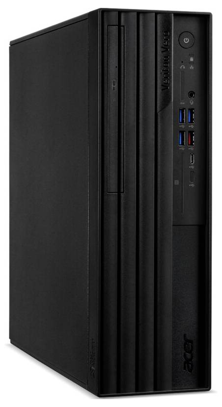Ein schwarzer Acer Desktop-Computerturm mit mehreren USB-Anschlüssen, einem Einschaltknopf und einem schlanken Design vor weißem Hintergrund.