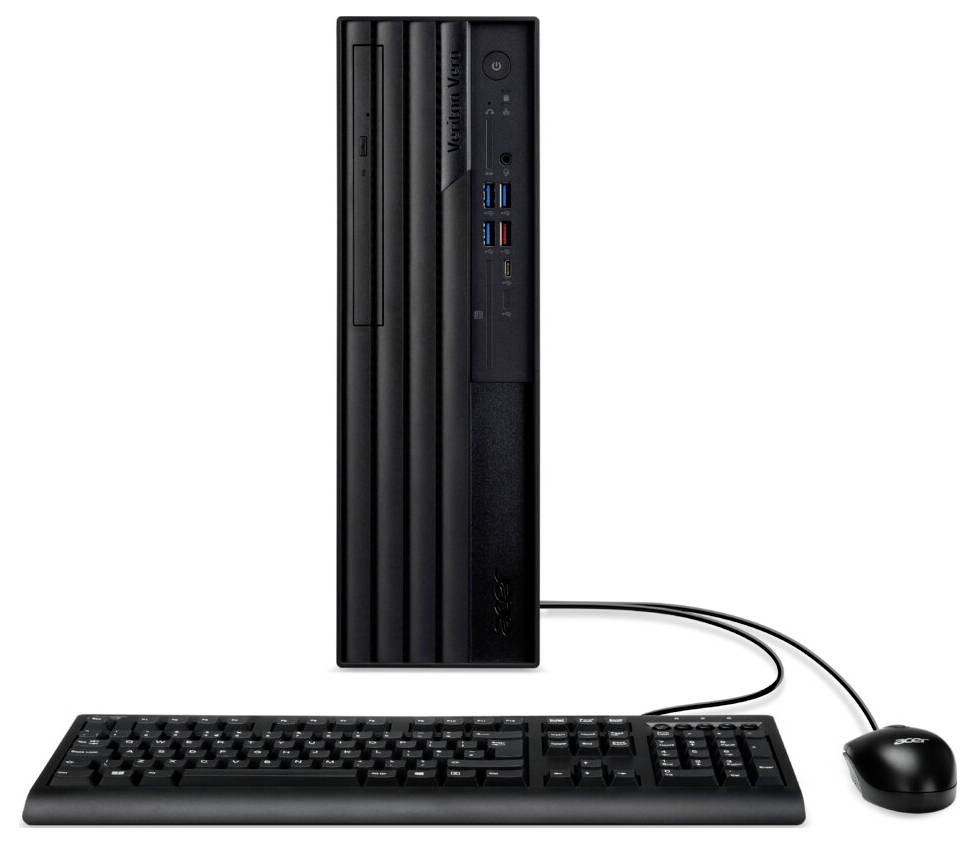 Ein schwarzer Desktop-Computer mit einem vertikalen CPU-Gehäuse, einer kabelgebundenen Tastatur und einer kabelgebundenen Maus. Das Gehäuse verfügt über mehrere USB-Anschlüsse und einen Einschaltknopf.