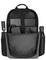 Ein schwarzer Rucksack mit mehreren Fächern, geöffnet, der einen Laptop, eine Powerbank, ein Smartphone und eine Wasserflasche enthält.