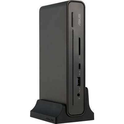 Kompakter, schwarzer ASUS-Desktop-Computer, der vertikal auf einer Basis steht und an der Frontseite USB-Anschlüsse, Kartensteckplätze und einen Einschaltknopf aufweist.