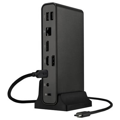Eine schwarze Dockingstation mit mehreren Anschlüssen, darunter USB, Ethernet und Audio, mit einem USB-C-Kabel verbunden, die vertikal steht.