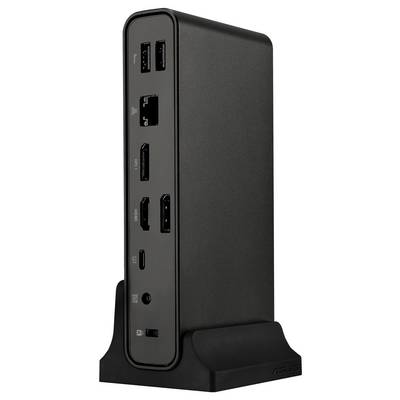 Eine schwarze, vertikale Computer-Dockingstation mit mehreren USB-, HDMI- und Ethernet-Anschlüssen, die auf einem Ständer für einfacheren Zugriff platziert ist.