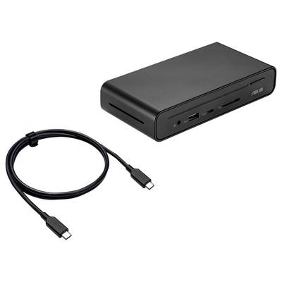 Eine schwarze Dockingstation mit verschiedenen Anschlüssen, darunter USB-C und ein SD-Kartenslot, zusammen mit einem USB-C-Kabel.