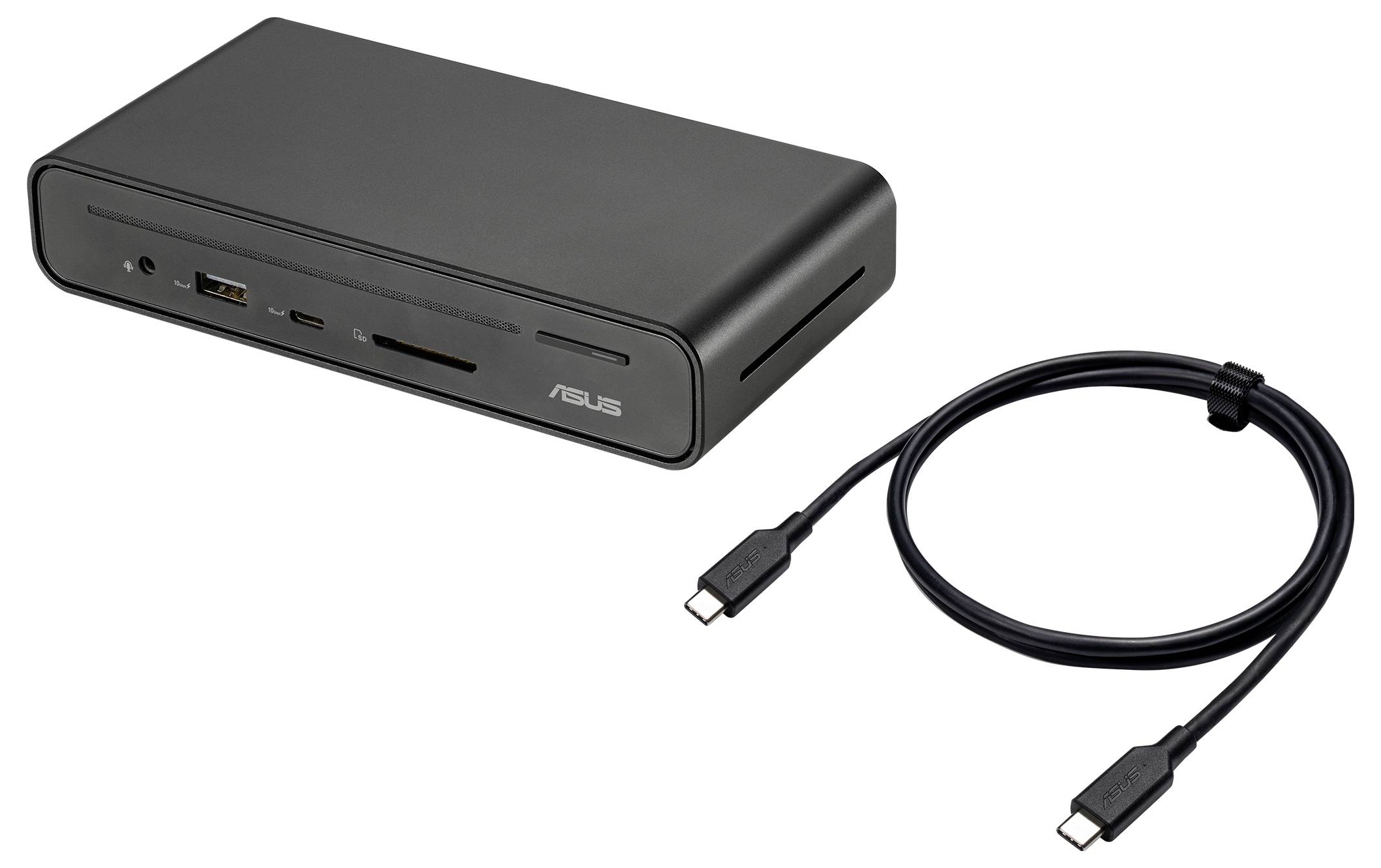 Eine schwarze ASUS-Dockingstation mit verschiedenen Anschlüssen, darunter USB und HDMI, wird zusammen mit einem schwarzen USB-C-Kabel gezeigt.