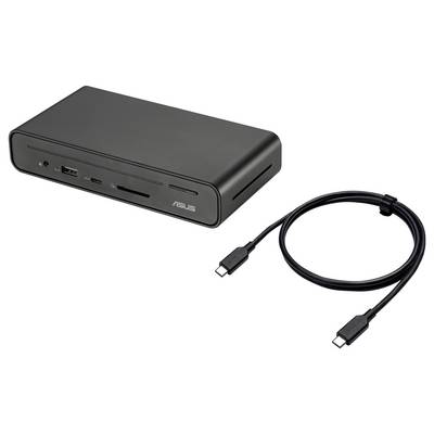 Eine schwarze ASUS-Dockingstation mit verschiedenen Anschlüssen, darunter USB und HDMI, wird zusammen mit einem schwarzen USB-C-Kabel gezeigt.