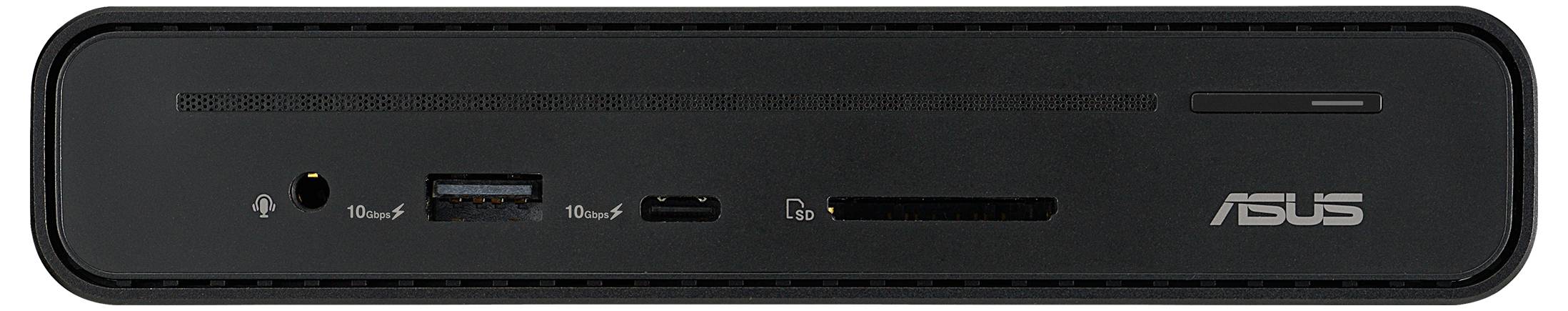 Ein schwarzes ASUS Media-Player-Frontpanel mit Kopfhörerbuchse, USB-Anschlüssen und SD-Kartensteckplatz wird gezeigt.
