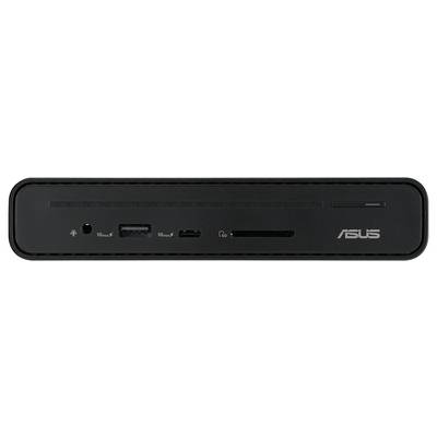 Ein schwarzes ASUS Media-Player-Frontpanel mit Kopfhörerbuchse, USB-Anschlüssen und SD-Kartensteckplatz wird gezeigt.