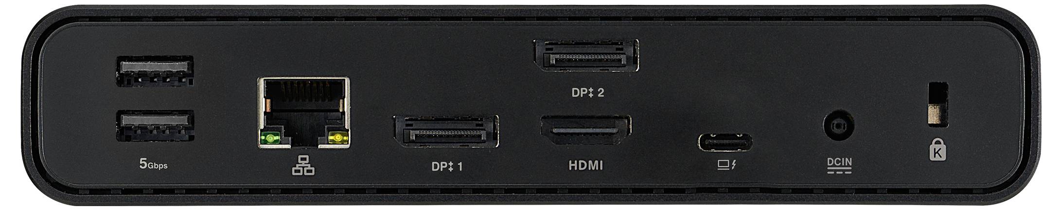 Ein schwarzes Dockingstation-Rückpanel mit vier USB-Anschlüssen, einem Ethernet-Port, zwei Displayports, einem HDMI-Anschluss, einem USB-C-Anschluss und einem Stromanschluss.