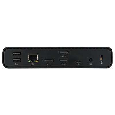 Ein schwarzes Dockingstation-Rückpanel mit vier USB-Anschlüssen, einem Ethernet-Port, zwei Displayports, einem HDMI-Anschluss, einem USB-C-Anschluss und einem Stromanschluss.