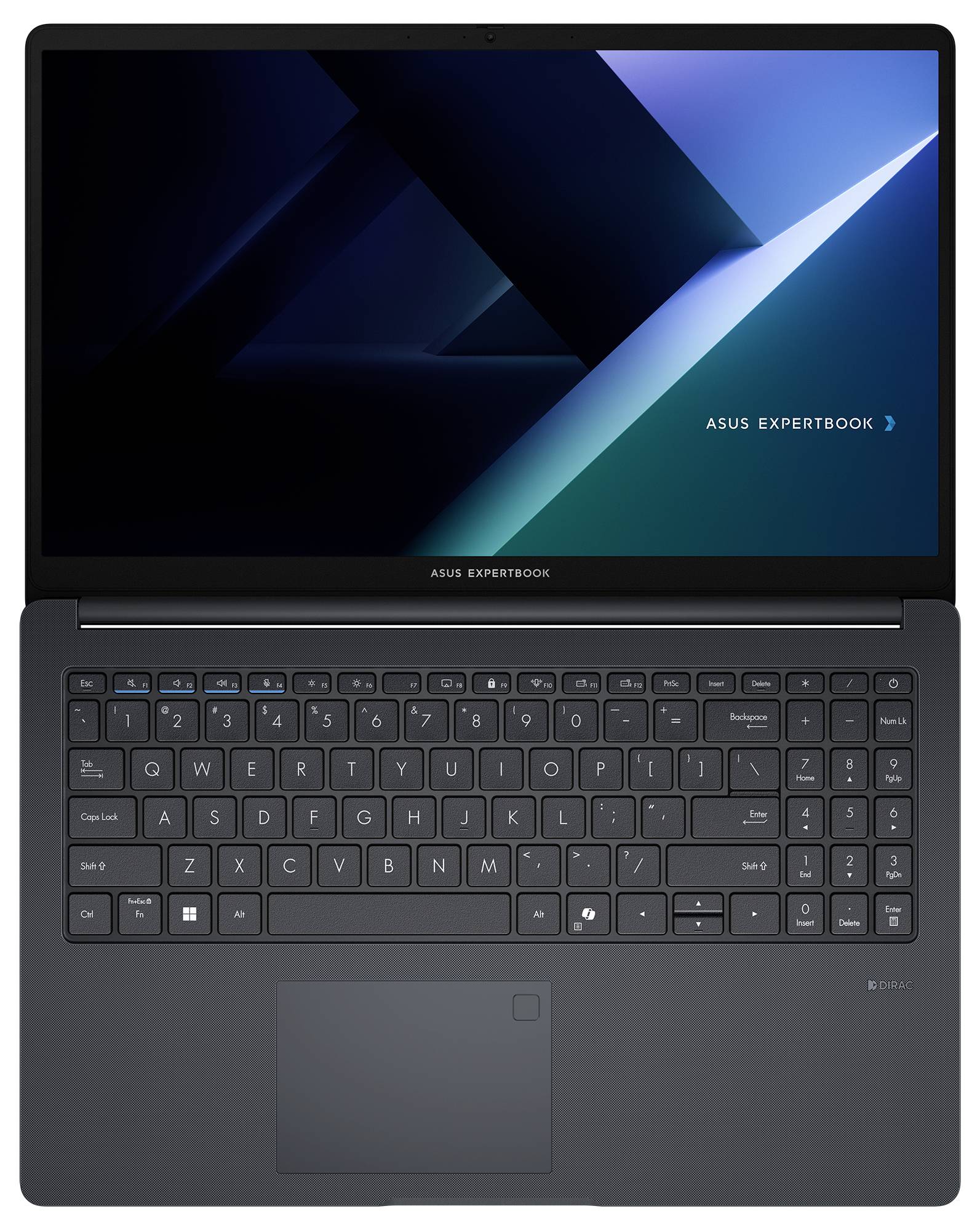 Ein schlankes ASUS ExpertBook Laptop mit einer beleuchteten Bildschirmanzeige, die einen geometrischen blau-schwarzen Hintergrund zeigt, von oben betrachtet.