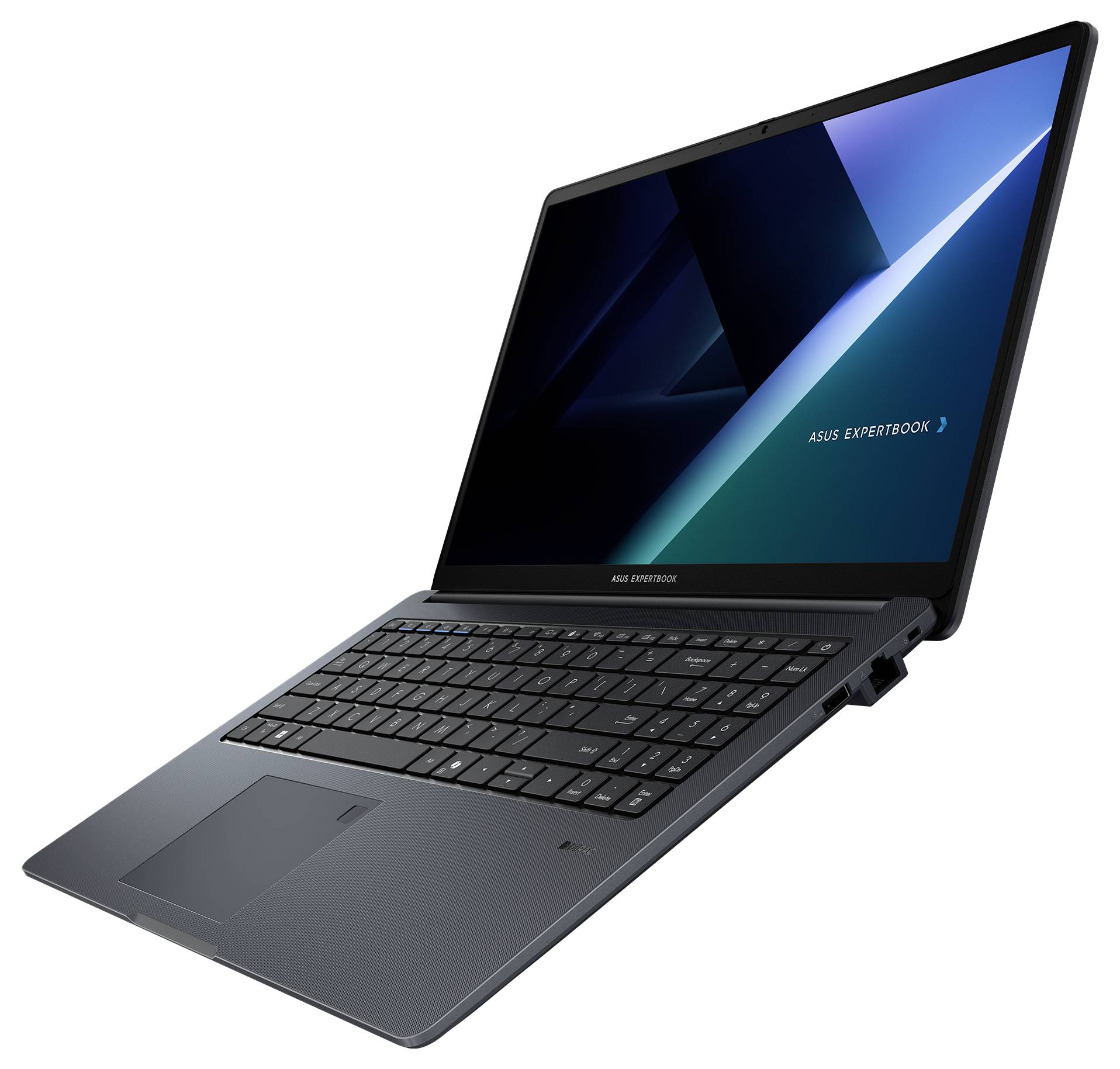 Ein schlankes Laptop mit dunkelgrauer Oberfläche, ausgestattet mit einer vollständigen Tastatur und einem großen Bildschirm, der ein geometrisches Design mit dem Text "ASUS ExpertBook" zeigt.