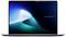 Ein schlankes ASUS ExpertBook Laptop mit einer dunklen Tastatur, auf dessen Bildschirm ein dynamisches blaues und weißes abstraktes Design zu sehen ist.