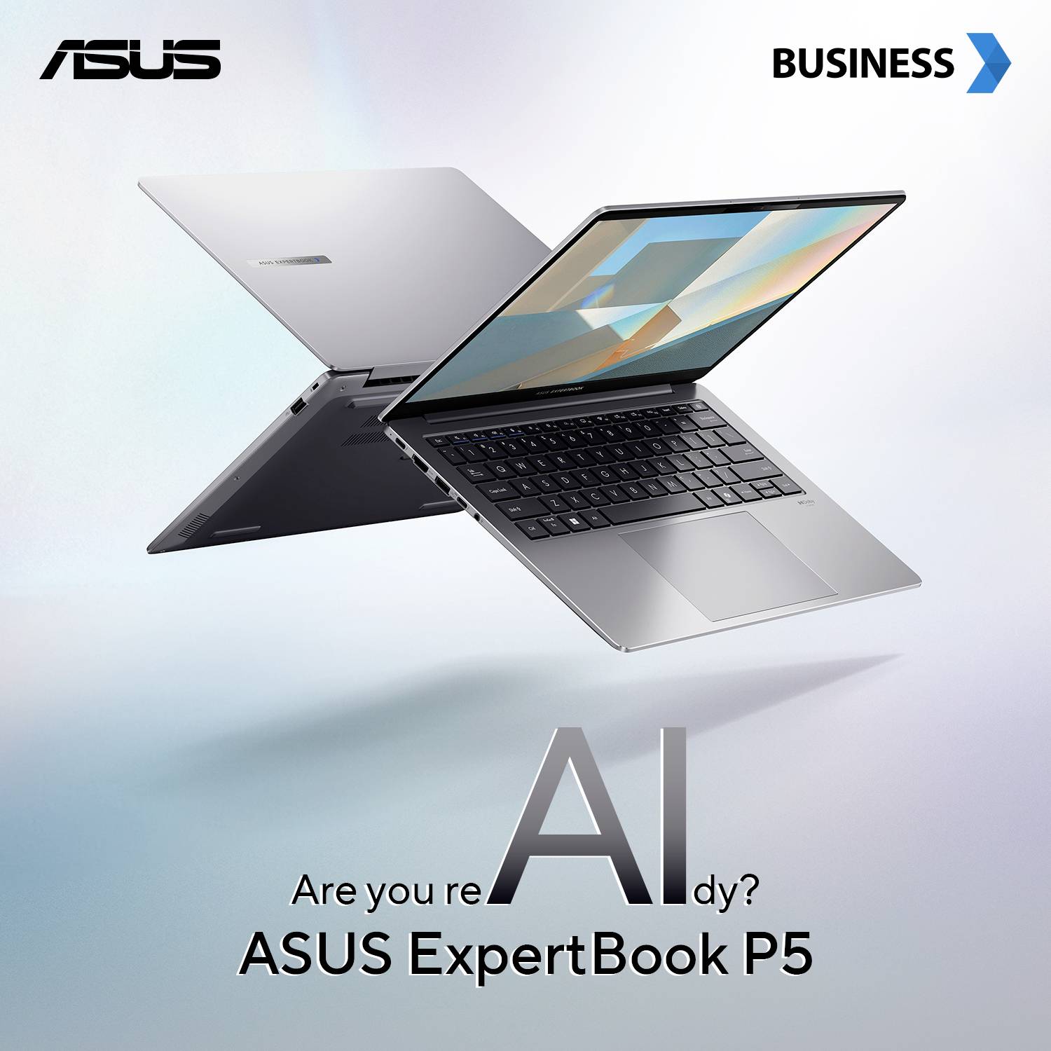 ASUS ExpertBook P5 Laptop mit geöffnetem Bildschirm, der einen abstrakten Hintergrund zeigt. In einer 'X'-Form positioniert, begleitet von dem Text 'Are you reAI dy?'.