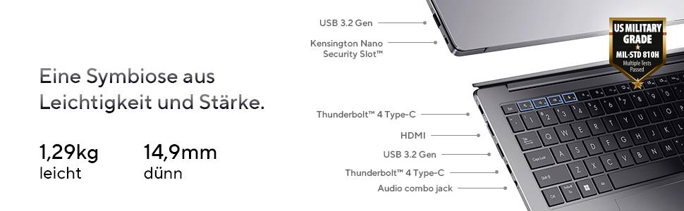 Laptop mit "US Military Grade" Abzeichen, Funktionen beschriftet: USB 3.2 Gen, Kensington Nano Slot, Thunderbolt 4 Typ-C, HDMI. Text: 'Eine Symbiose aus Leichtigkeit und Stärke. 1,29 kg leicht, 14,9 mm dünn.'