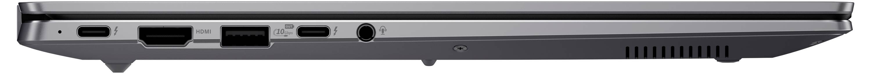 Seitenansicht eines geschlossenen Laptops, der verschiedene Anschlüsse wie USB, HDMI, Ethernet und Audiobuchse auf der linken Seite zeigt.