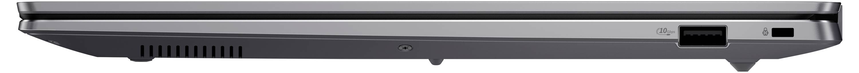 Seitenansicht eines geschlossenen Laptops mit Anschlüssen und Lüftungsschlitzen.