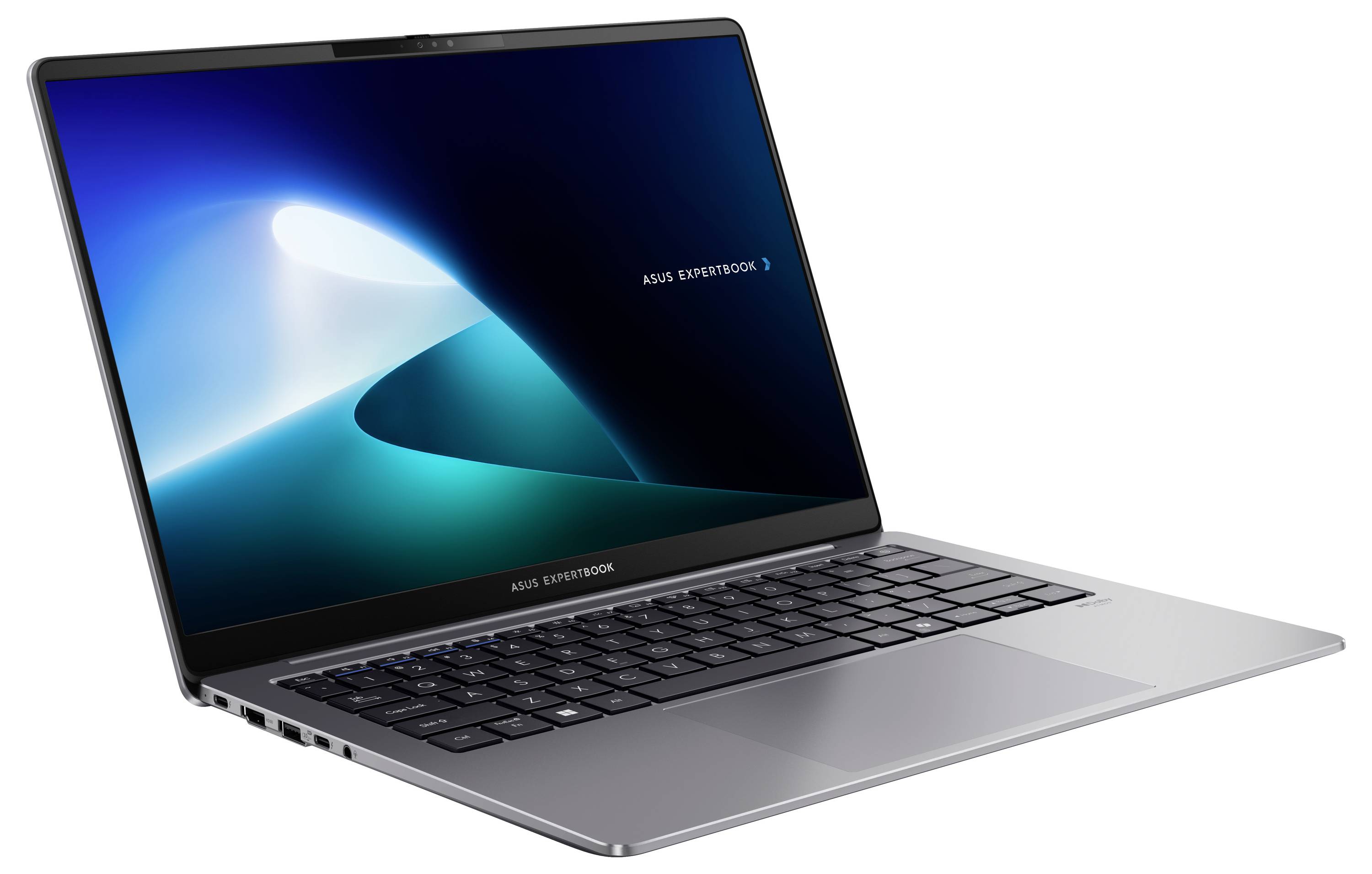 Ein schlankes, offenes Laptop mit einem leuchtend blauen Bildschirm, auf dem der Text "Asus ExpertBook" nahe der Mitte zu sehen ist. Das Laptop ist leicht nach rechts geneigt.